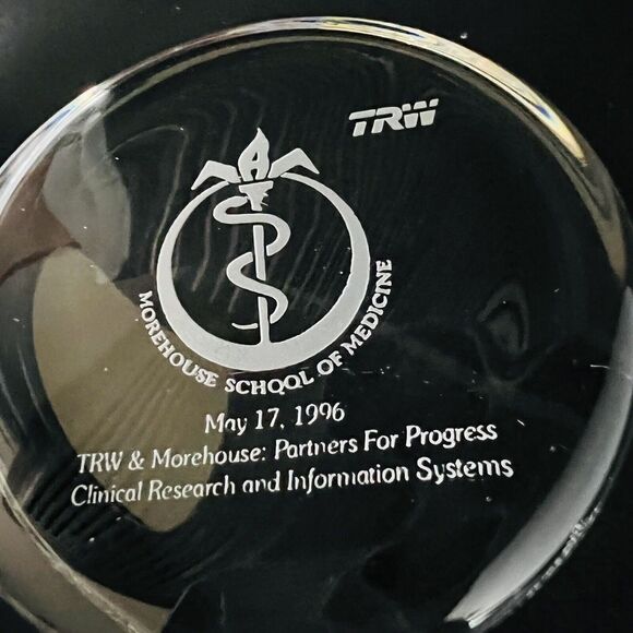 RARE 1996 TRW Morehouse School of Medicine Clear Glass Etched Paperweight